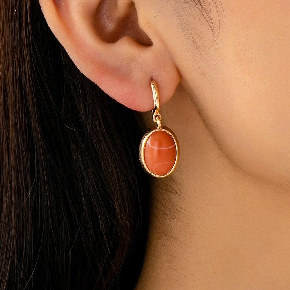 SUNSTONE-Oval Stone Drop Hoop Earring